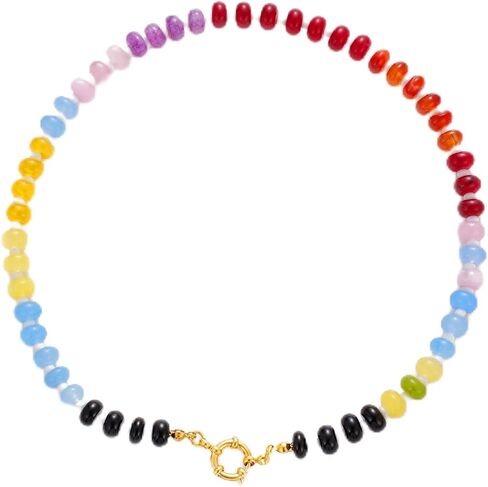 Natural Stone Beaded Necklace for Women Boho Handmade Beaded Necklace Colorful Beads Choker Necklace 14K Gold Plated Circular Buckle Surfer Beach Necklace Summer Jewelry Gift in Saudi Arabia