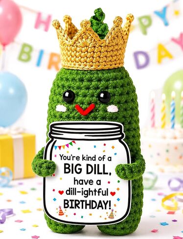 MAMAGIFTREE Funny Birthday Gifts for Women Men - Handmade Crochet Pickle Plush Toy Figure with Crown & Card, Unique Gag Gift for Coworker Best Friend Mom Dad, Office Desk Decor (Dill-ightful Birthday) in Kuwait