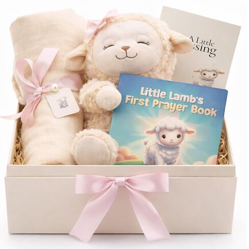 Baptism Gift for Girl – Baptism Set with 10" Praying Lamb Plush Toy (Pink Bow), Bamboo Muslin Blanket & First Prayer Book, Ready to Gift Keepsake Box in Kuwait