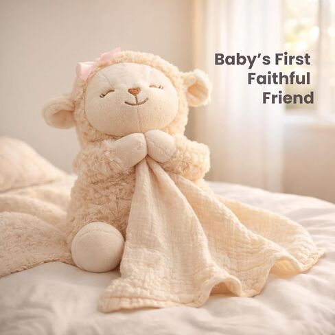 Baptism Gift for Girl – Baptism Set with 10" Praying Lamb Plush Toy (Pink Bow), Bamboo Muslin Blanket & First Prayer Book, Ready to Gift Keepsake Box in Kuwait