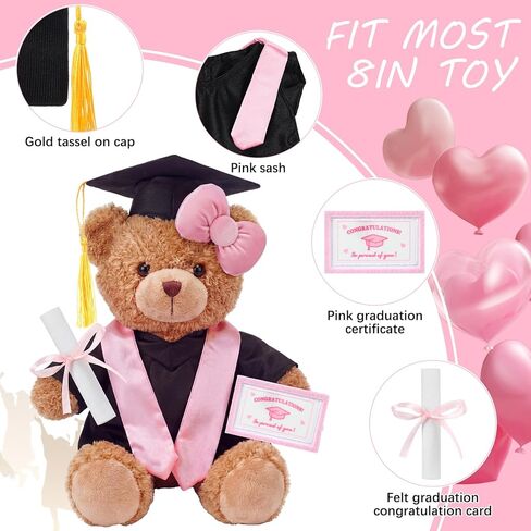 Arrowbash 5 Pcs Pink Graduation Plush Clothes Set for 8 Inches Stuffed Animals Include Graduation Cap, Gown, Shawl, Diploma, Congratulations Card Stuffed Animal Outfit for Grad Party Gift in Kuwait