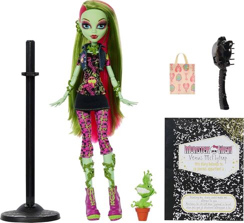دمية Monster High Boo-riginal Creeproduction، نسخة قابلة للجمع من Venus McFlytrap مع حامل الدمية والمذكرات وChewlian للحيوانات الأليفة in Kuwait