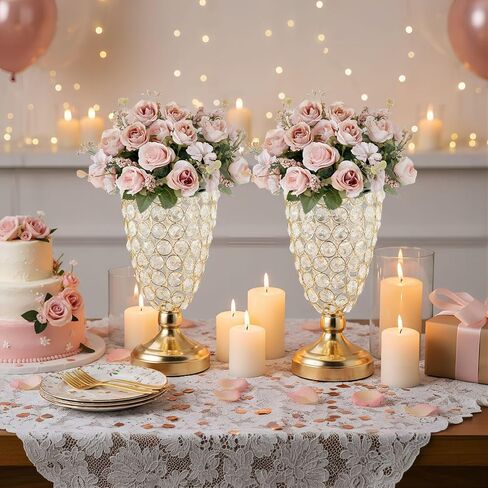 Gold Crystal Trumpet Floral Vase -2 Pcs Centerpieces for Wedding Table, 10.6" Wrought Iron Crystal Vase, Flower Vases for Party Dinner Centerpiece Event, Anniversary Ceremony Birthday Home Decoration in Saudi Arabia