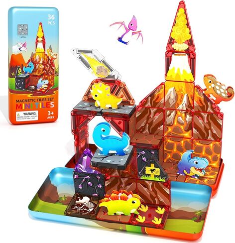 36PCS Mini Magnetic Tiles Dinosaur Kids Toys with Case - Toddler Travel Essentials Outdoor Set, Magnetic Blocks Montessori Preschool Sensory Building Toys for 3 4 5 Year Old Boys in Kuwait