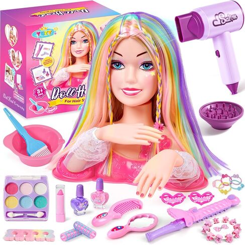 Toylink Doll Head for Hair Styling Kids Makeup Kit, 34Pcs Hair Salon Pretend Play Toys with Hairdryer Straightener Makeup Princess Accessories, Birthday Gifts for Girls 3 4 5 6 7 8 in Kuwait