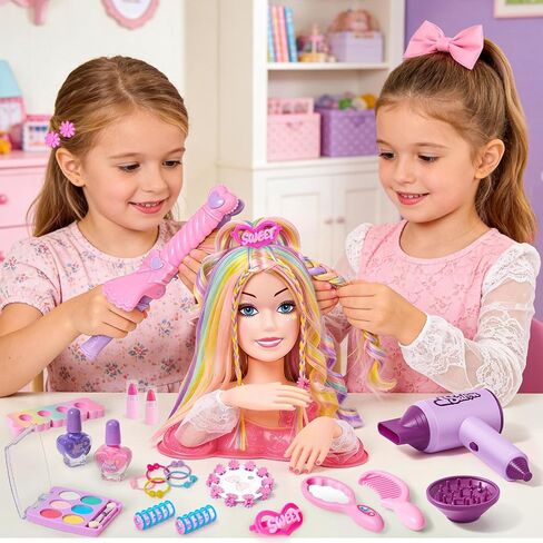Toylink Doll Head for Hair Styling Kids Makeup Kit, 34Pcs Hair Salon Pretend Play Toys with Hairdryer Straightener Makeup Princess Accessories, Birthday Gifts for Girls 3 4 5 6 7 8 in Kuwait
