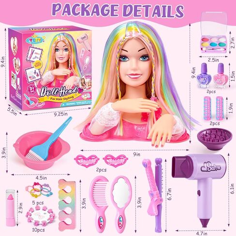 Toylink Doll Head for Hair Styling Kids Makeup Kit, 34Pcs Hair Salon Pretend Play Toys with Hairdryer Straightener Makeup Princess Accessories, Birthday Gifts for Girls 3 4 5 6 7 8 in Kuwait