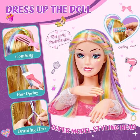 Toylink Doll Head for Hair Styling Kids Makeup Kit, 34Pcs Hair Salon Pretend Play Toys with Hairdryer Straightener Makeup Princess Accessories, Birthday Gifts for Girls 3 4 5 6 7 8 in Kuwait