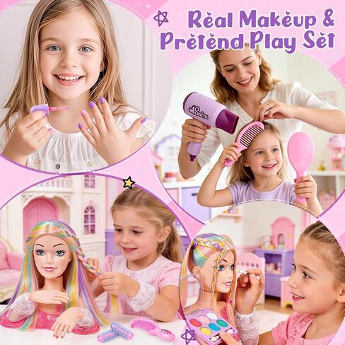 Toylink Doll Head for Hair Styling Kids Makeup Kit, 34Pcs Hair Salon Pretend Play Toys with Hairdryer Straightener Makeup Princess Accessories, Birthday Gifts for Girls 3 4 5 6 7 8 in Kuwait
