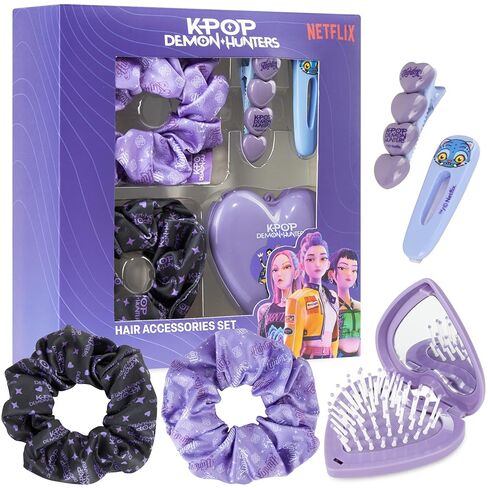 Get Trend KPop Demon Hunters Hair Accessories for Girls, Hair Clips, Satin Scrunchies, Brush with Compact Mirror, Official Licensed Huntrix 5 Piece Travel Essentials Set Gifts for Girls in Kuwait