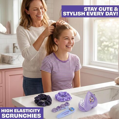 Get Trend KPop Demon Hunters Hair Accessories for Girls, Hair Clips, Satin Scrunchies, Brush with Compact Mirror, Official Licensed Huntrix 5 Piece Travel Essentials Set Gifts for Girls in Kuwait