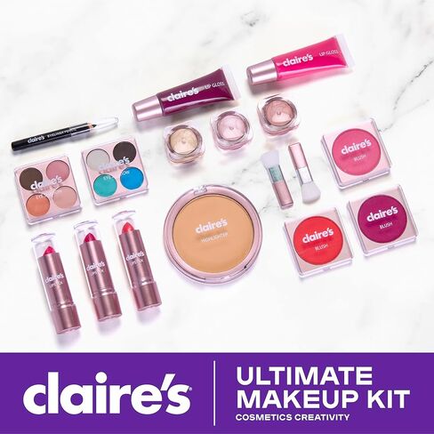 Claire's Ultimate Makeup Kit, 18-Piece Real Cosmetic Set, Makeup for Kids 8-12, Girl Toys & Beauty Activity Gift with Lip Gloss, Lipstick, Eyeshadow, Eyeliner, Blush, Highlighter & Carry Case in Kuwait