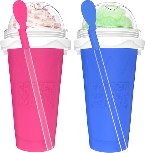 2PCS Slushie Maker Cup - DIY Magic Slushy Maker Squeeze Cup, Smoothie Squeeze Cup for Juices, Milk and Ice Cream Make, Double Layers Silicone Slushie Cup with Straw for Friends Gift Pink+Blue in Saudi Arabia