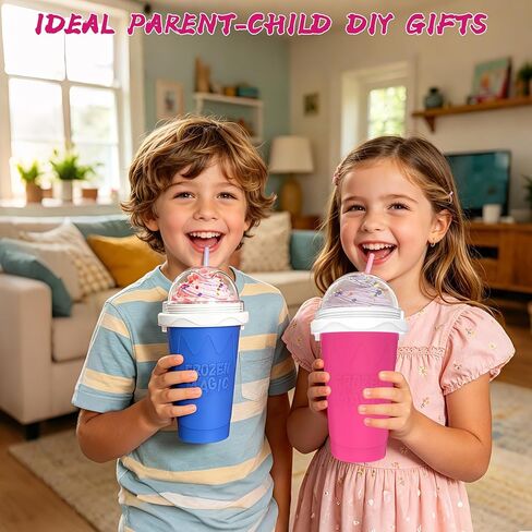 2PCS Slushie Maker Cup - DIY Magic Slushy Maker Squeeze Cup, Smoothie Squeeze Cup for Juices, Milk and Ice Cream Make, Double Layers Silicone Slushie Cup with Straw for Friends Gift Pink+Blue in Kuwait