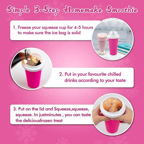 2PCS Slushie Maker Cup - DIY Magic Slushy Maker Squeeze Cup, Smoothie Squeeze Cup for Juices, Milk and Ice Cream Make, Double Layers Silicone Slushie Cup with Straw for Friends Gift Pink+Blue in Kuwait