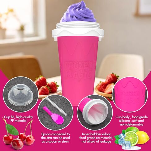 2PCS Slushie Maker Cup - DIY Magic Slushy Maker Squeeze Cup, Smoothie Squeeze Cup for Juices, Milk and Ice Cream Make, Double Layers Silicone Slushie Cup with Straw for Friends Gift Pink+Blue in Saudi Arabia