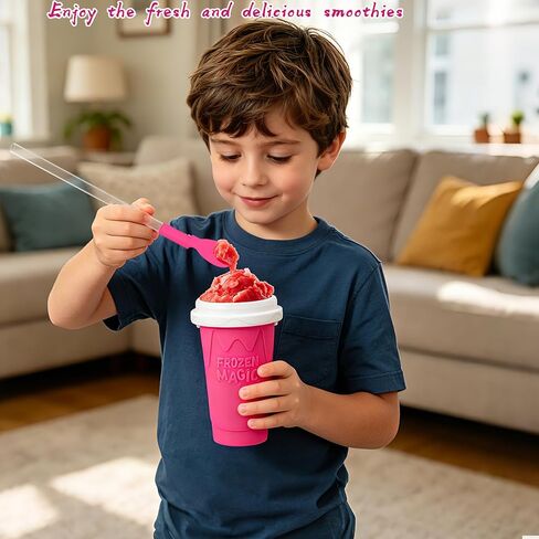 2PCS Slushie Maker Cup - DIY Magic Slushy Maker Squeeze Cup, Smoothie Squeeze Cup for Juices, Milk and Ice Cream Make, Double Layers Silicone Slushie Cup with Straw for Friends Gift Pink+Blue in Kuwait