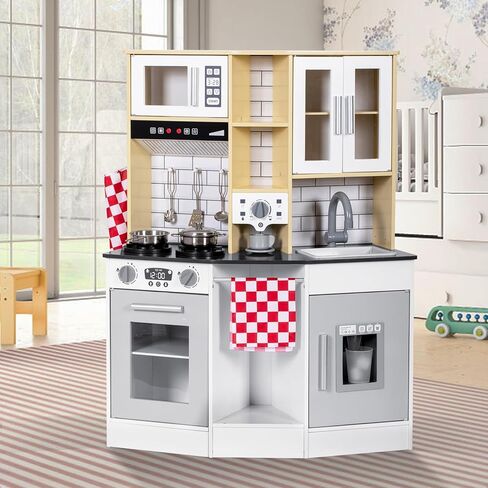 BRINJOY Kids Kitchen Playset، مطبخ خشبي للعب التظاهري للأطفال مع صنبور، حوض، موقد، فرن، أواني الطبخ، خزائن التخزين، لعبة لعب دور الأطفال الصغار، مجموعة المطبخ هدية للفتيات والأولاد 3+ (أبيض) in Kuwait