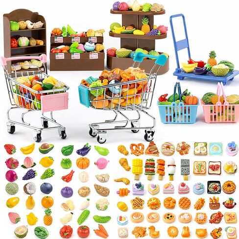 Mini Shopping Cart Basket, Miniature Grocery Toys 3 Supermarket Shelves Play Store 100+ Fruit Vegetable Cake Bread Mini Food Miniature Dollhouse Accessories with Push Cart in Kuwait