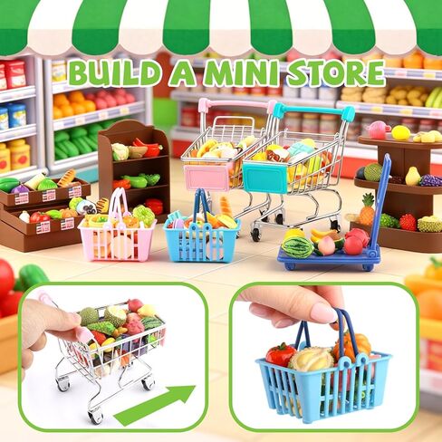 Mini Shopping Cart Basket, Miniature Grocery Toys 3 Supermarket Shelves Play Store 100+ Fruit Vegetable Cake Bread Mini Food Miniature Dollhouse Accessories with Push Cart in Kuwait