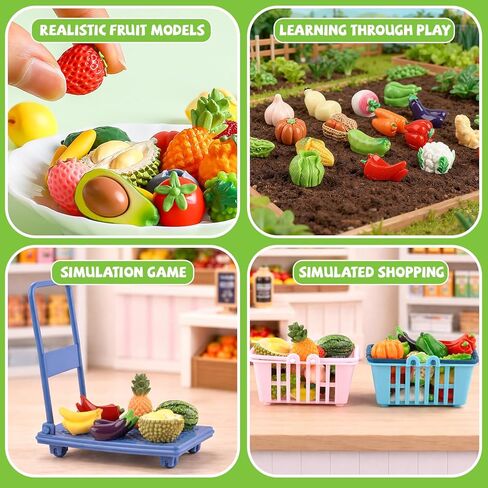 Mini Shopping Cart Basket, Miniature Grocery Toys 3 Supermarket Shelves Play Store 100+ Fruit Vegetable Cake Bread Mini Food Miniature Dollhouse Accessories with Push Cart in Kuwait