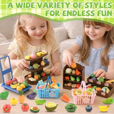 Mini Shopping Cart Basket, Miniature Grocery Toys 3 Supermarket Shelves Play Store 100+ Fruit Vegetable Cake Bread Mini Food Miniature Dollhouse Accessories with Push Cart in Kuwait