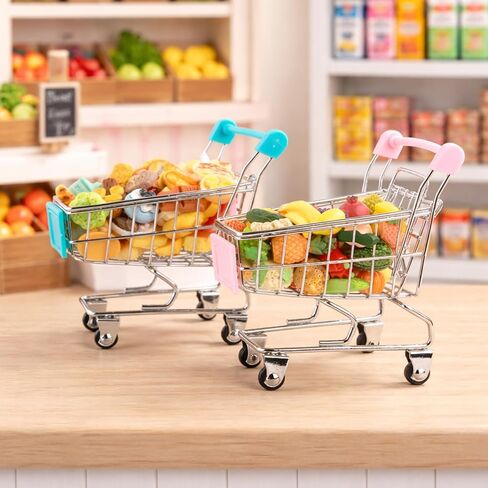 Mini Shopping Cart Basket, Miniature Grocery Toys 3 Supermarket Shelves Play Store 100+ Fruit Vegetable Cake Bread Mini Food Miniature Dollhouse Accessories with Push Cart in Kuwait