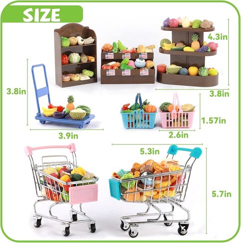 Mini Shopping Cart Basket, Miniature Grocery Toys 3 Supermarket Shelves Play Store 100+ Fruit Vegetable Cake Bread Mini Food Miniature Dollhouse Accessories with Push Cart in Kuwait