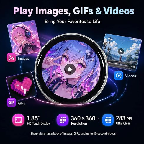 شارة دبوس رقمية مع شاشة لمس IPS مقاس 1.85 بوصة، عرض شارة بكسل لعرض شرائح الصور GIF والفيديو، ملحق الرسوم المتحركة لحقيبة الظهر Ita Bag Cosplay، بروش إلكتروني يمكن ارتداؤه مع مشبك مغناطيسي، حبل قصير وحامل in Kuwait