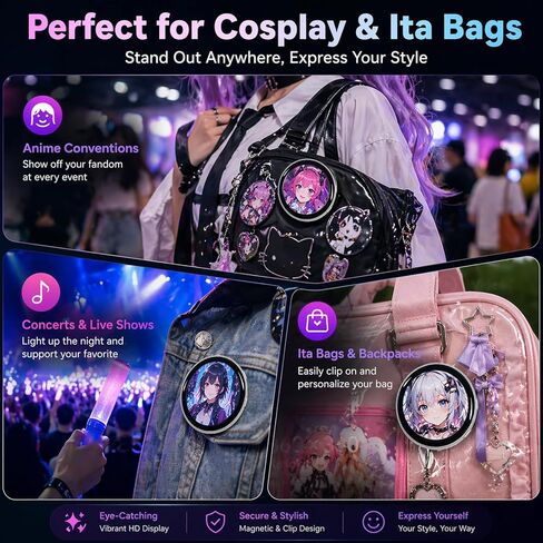 شارة دبوس رقمية مع شاشة لمس IPS مقاس 1.85 بوصة، عرض شارة بكسل لعرض شرائح الصور GIF والفيديو، ملحق الرسوم المتحركة لحقيبة الظهر Ita Bag Cosplay، بروش إلكتروني يمكن ارتداؤه مع مشبك مغناطيسي، حبل قصير وحامل in Kuwait