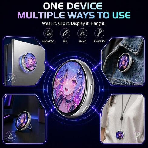 شارة دبوس رقمية مع شاشة لمس IPS مقاس 1.85 بوصة، عرض شارة بكسل لعرض شرائح الصور GIF والفيديو، ملحق الرسوم المتحركة لحقيبة الظهر Ita Bag Cosplay، بروش إلكتروني يمكن ارتداؤه مع مشبك مغناطيسي، حبل قصير وحامل in Kuwait