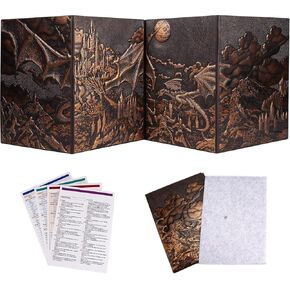 DND Dungeon Master Screen 5e، شاشة D&D DM ثلاثية الأبعاد من الجلد الصناعي، 4 لوحات مع جيوب للأبراج المحصنة والتنين، ملحقات GM RPG هدية متضمنة إدراجات مخصصة وحقيبة تخزين (نحاس) in Kuwait