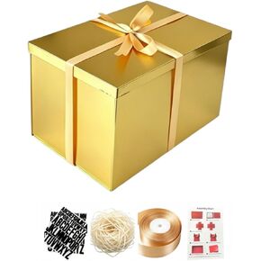 BoxSkivra صندوق هدايا كبير جدًا مقاس 17 × 11 × 10.2 بوصة، صندوق هدايا ذهبي مع غطاء لعيد الميلاد، والذكرى السنوية، وأعياد الميلاد، وصناديق فاخرة مع ورق مجعد، وشريط، وملصقات أبجدية in Kuwait