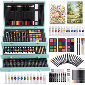 TMOL Art Supplies, 175-Pack Deluxe Art Set Drawing Painting Kit with 2 Drawing Pads, Acrylic Paints, Colored Pencils, Crayons, Art Kit in Wooden Case, Gift for Artist, Adults, Teens and Kids in Kuwait