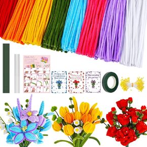 800PCS Pipe Cleaners Flower Kit, Pipe Cleaner Bulk Craft Flower Making Kit with Instruction, 8 Colors Thick Chenille Stems for Arts DIY Craft Supplies with Greeting Card, Floral Wires, Tape, Stamen in Kuwait