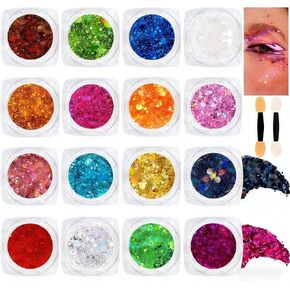 16 Colors Chunky Fine Mixed Holographic Glitter Gel Set for Face and Body Makeup Festival Party Sparkle Glitter Gel Decoration Rave Accessories in Saudi Arabia