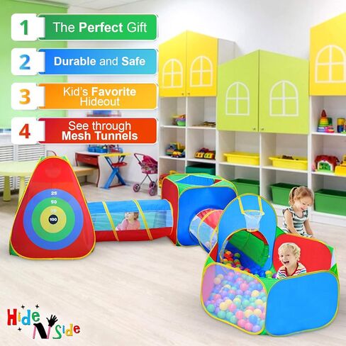 Hide N Side 5 قطع من خيام وأنفاق كرات الكرة للأطفال، خيمة لعب لصالة الألعاب الرياضية في الغابة للأطفال الصغار مع لعبة نفق الزحف، للأولاد والرضع والأطفال، هدية داخلية وخارجية، لعبة مستهدفة مع 4 كرات رمي ​​السهام in Kuwait