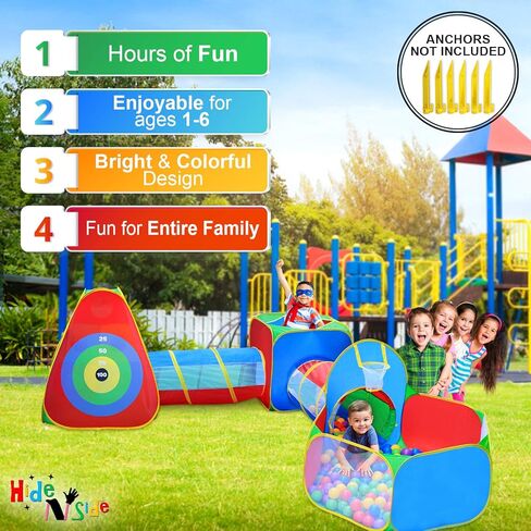 Hide N Side 5 قطع من خيام وأنفاق كرات الكرة للأطفال، خيمة لعب لصالة الألعاب الرياضية في الغابة للأطفال الصغار مع لعبة نفق الزحف، للأولاد والرضع والأطفال، هدية داخلية وخارجية، لعبة مستهدفة مع 4 كرات رمي ​​السهام in Kuwait