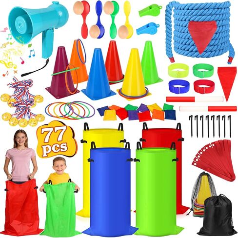 77 Pcs Potato Sack Race Bags, 8-in-1 Outdoor Carnival Games for Kids and Adults, Bean Bags Ring Toss, Tug of War Rope, Megaphone, Field Day Games for Lawn, Backyard, School, Birthday, Family, Beach in Kuwait