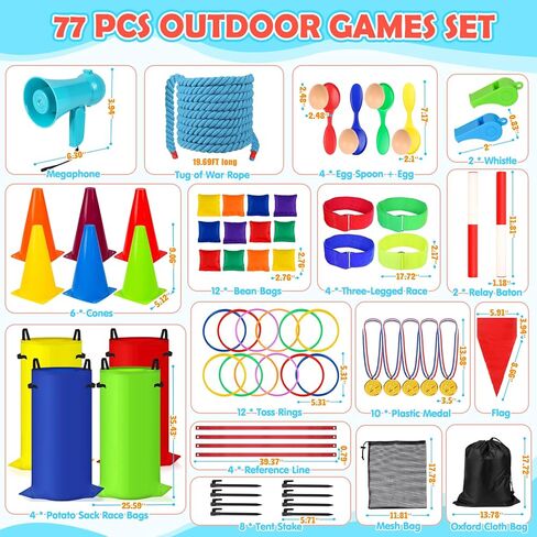 77 Pcs Potato Sack Race Bags, 8-in-1 Outdoor Carnival Games for Kids and Adults, Bean Bags Ring Toss, Tug of War Rope, Megaphone, Field Day Games for Lawn, Backyard, School, Birthday, Family, Beach in Kuwait