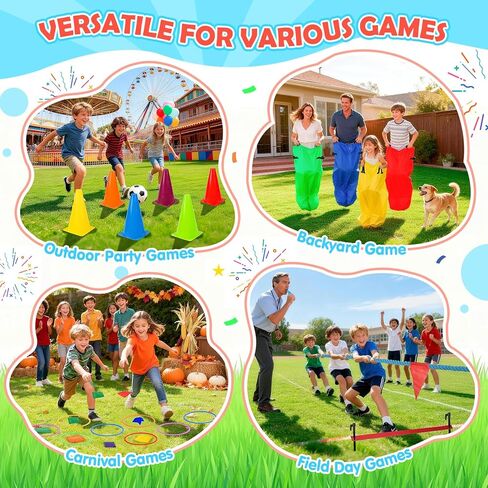 77 Pcs Potato Sack Race Bags, 8-in-1 Outdoor Carnival Games for Kids and Adults, Bean Bags Ring Toss, Tug of War Rope, Megaphone, Field Day Games for Lawn, Backyard, School, Birthday, Family, Beach in Kuwait