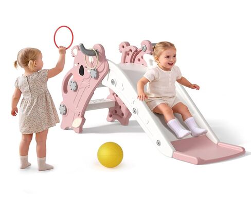 Babytronic Toddler Slide Indoor & Outdoor Playground, 4-in-1 Baby Slide with Climber, Basketball Hoop & Ring Toss, Foldable Freestanding Kids Slide, Climber Playset for Toddlers Ages 1-3, Cream & Gray in Kuwait