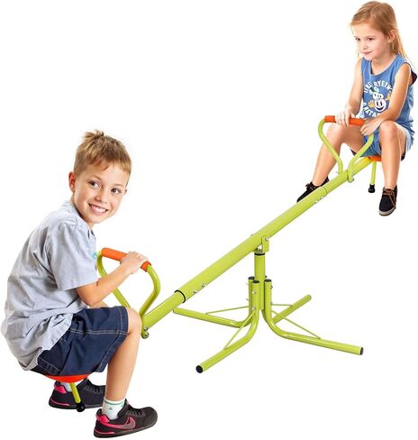 SUPER DEAL Teeter Totter Kids Seesaw, Outdoor Playground Equipment 360 Degrees Rotate All Steel Extendable Tubes for Toddlers Children Backyard, Green and Orange, 4 Seat in Kuwait