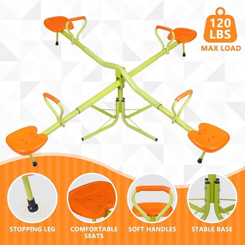 SUPER DEAL Teeter Totter Kids Seesaw, Outdoor Playground Equipment 360 Degrees Rotate All Steel Extendable Tubes for Toddlers Children Backyard, Green and Orange, 4 Seat in Kuwait