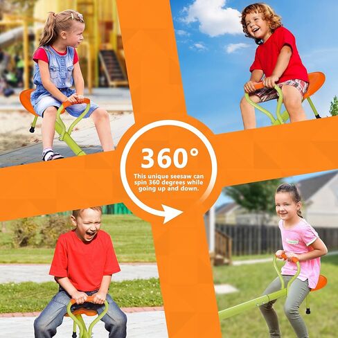 SUPER DEAL Teeter Totter Kids Seesaw, Outdoor Playground Equipment 360 Degrees Rotate All Steel Extendable Tubes for Toddlers Children Backyard, Green and Orange, 4 Seat in Kuwait