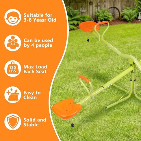 SUPER DEAL Teeter Totter Kids Seesaw, Outdoor Playground Equipment 360 Degrees Rotate All Steel Extendable Tubes for Toddlers Children Backyard, Green and Orange, 4 Seat in Kuwait