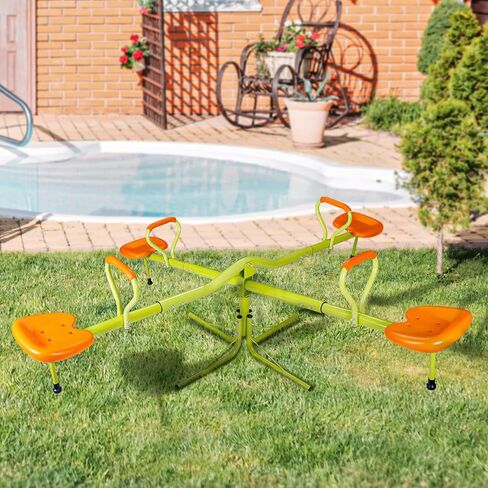 SUPER DEAL Teeter Totter Kids Seesaw, Outdoor Playground Equipment 360 Degrees Rotate All Steel Extendable Tubes for Toddlers Children Backyard, Green and Orange, 4 Seat in Kuwait