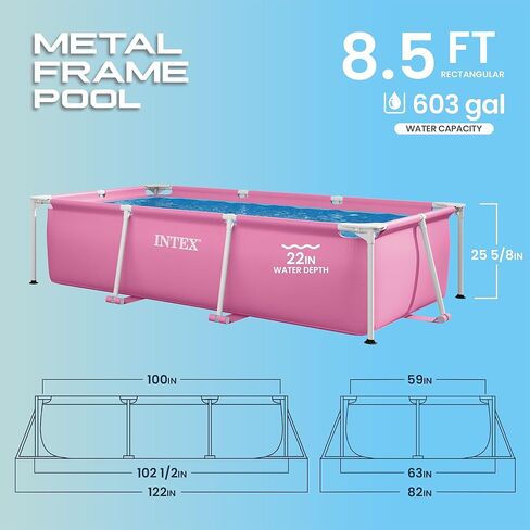 INTEX Rectangular Frame 8 ft 6 in x 5 ft 4 in x 26 in Above Ground Pool, Swimming Pool with Steel Frame, Pink - Pump Not Included in Kuwait