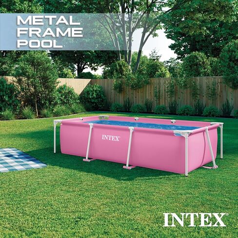 INTEX Rectangular Frame 8 ft 6 in x 5 ft 4 in x 26 in Above Ground Pool, Swimming Pool with Steel Frame, Pink - Pump Not Included in Kuwait