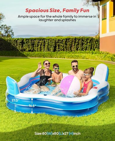 QPAU Inflatable Swimming Pool with 2 Seats and Backrests, 80" L x 80" W x 16.5" D Large Full-Sized Family Pools for Kids and Adults for Backyard, Garden, Outdoors, Clear Blue in Kuwait